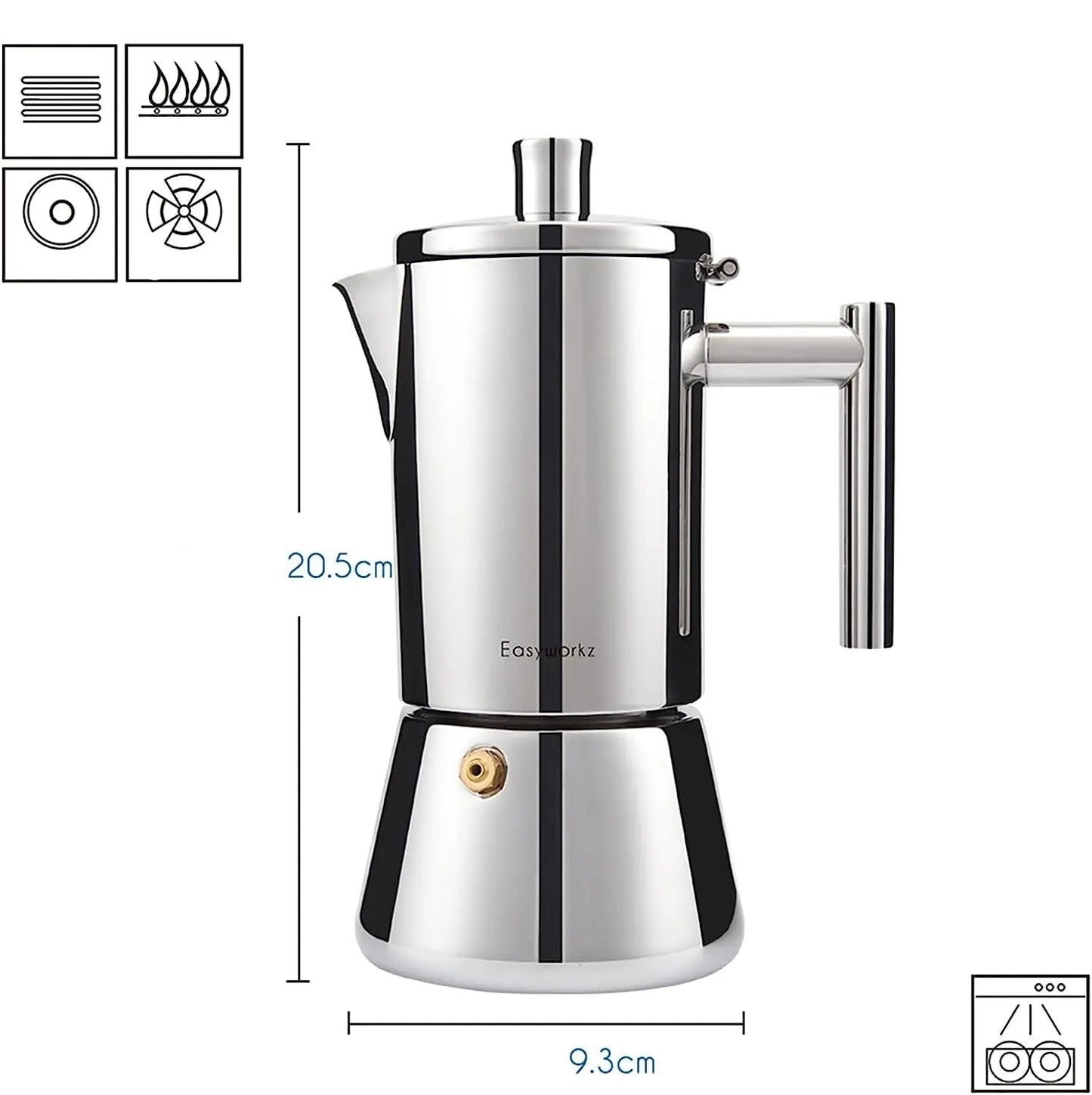 Cafetière - Italienne - à - Pression - pour -Goût - Intense | Expresso, Moka - Pot - 6 - Tasses | Tout - Acier - Inoxydable | Compatible - Plaque - à -Induction - et - Gaz : produit - affichant - ces - dimensions