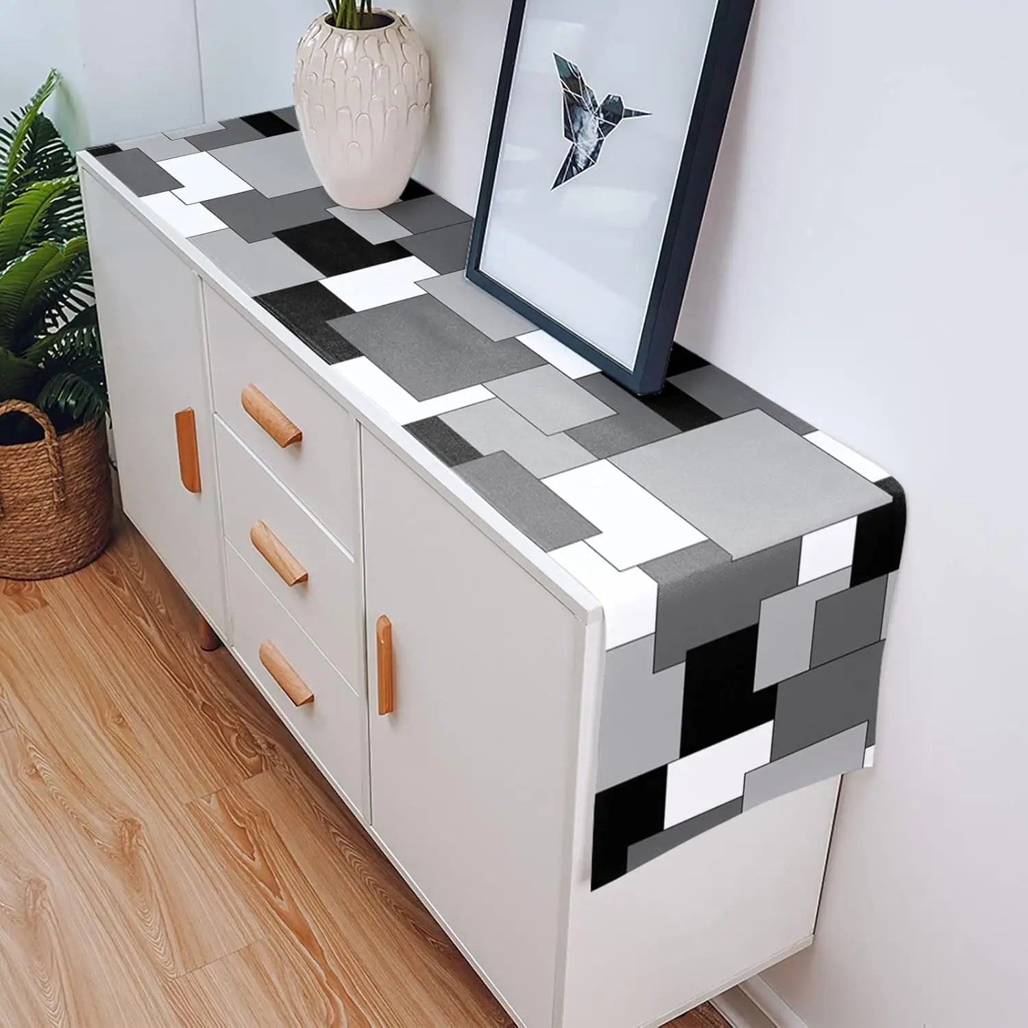 Chemin de Table en Lin | Motifs Géométriques Abstraits Gris, Noir et Blanc pour Fête et Cuisine - Prati - Kitchen
