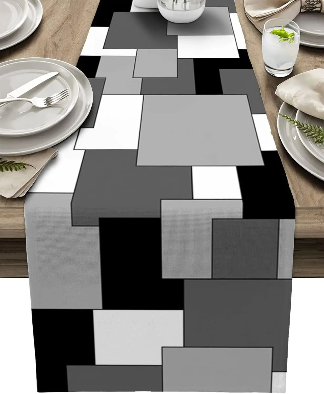 Chemin de Table en Lin | Motifs Géométriques Abstraits Gris, Noir et Blanc pour Fête et Cuisine - Prati - Kitchen