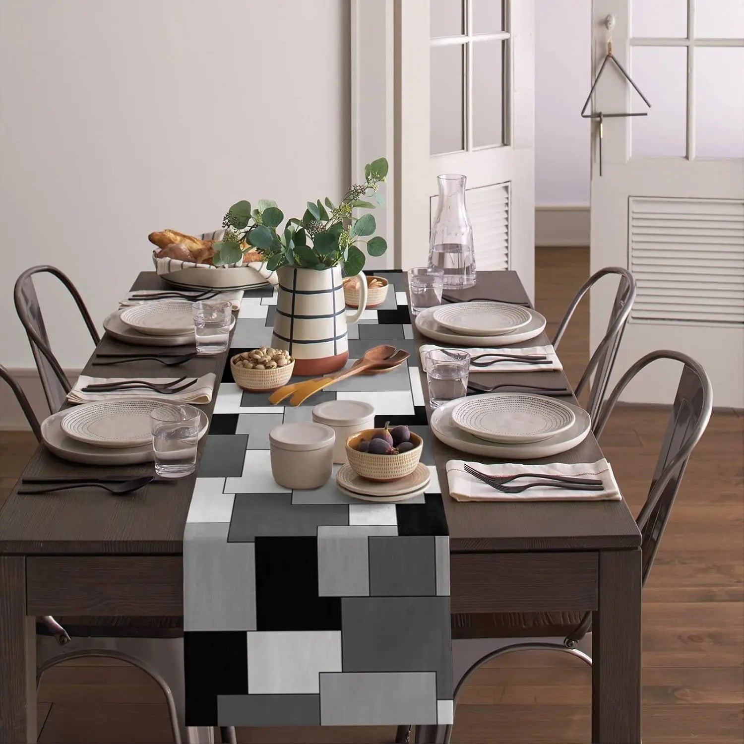 Chemin de Table en Lin | Motifs Géométriques Abstraits Gris, Noir et Blanc pour Fête et Cuisine - Prati - Kitchen