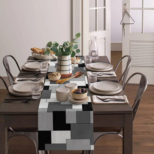 Chemin de Table en Lin | Motifs Géométriques Abstraits Gris, Noir et Blanc pour Fête et Cuisine - Prati - Kitchen