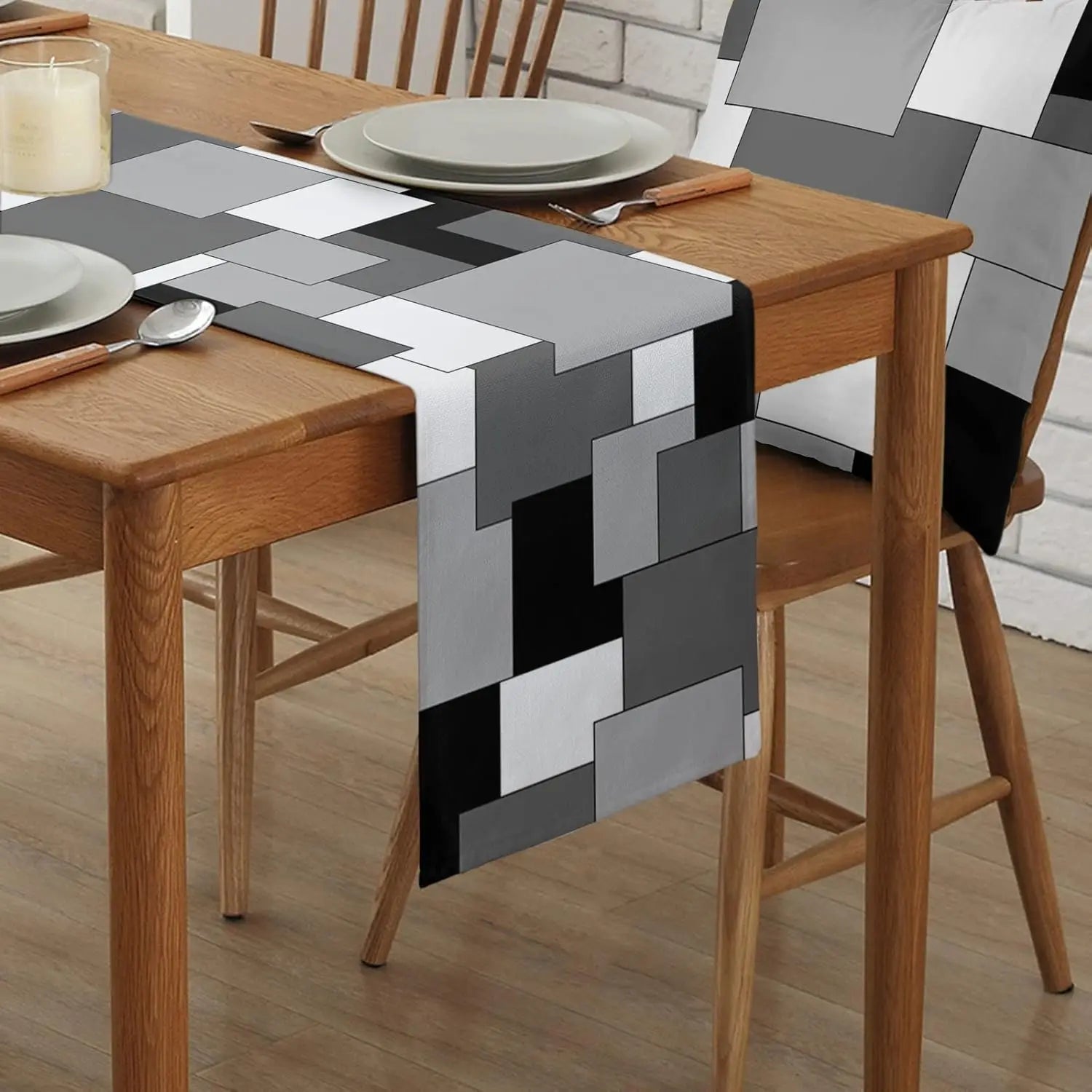 Chemin de Table en Lin | Motifs Géométriques Abstraits Gris, Noir et Blanc pour Fête et Cuisine - Prati - Kitchen