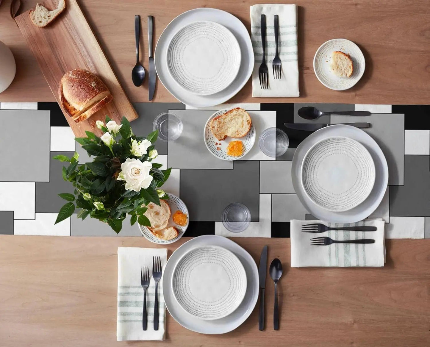Chemin de Table en Lin | Motifs Géométriques Abstraits Gris, Noir et Blanc pour Fête et Cuisine - Prati - Kitchen