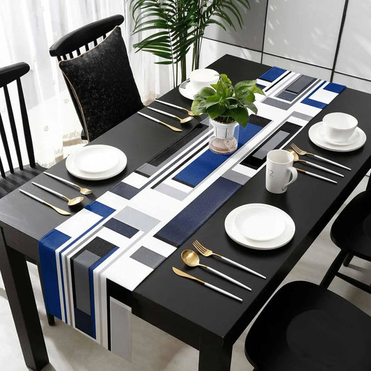 Chemin de Table en Lin | Motifs Géométriques Abstraits Noir, Blanc, Gris et Bleu - Prati - Kitchen