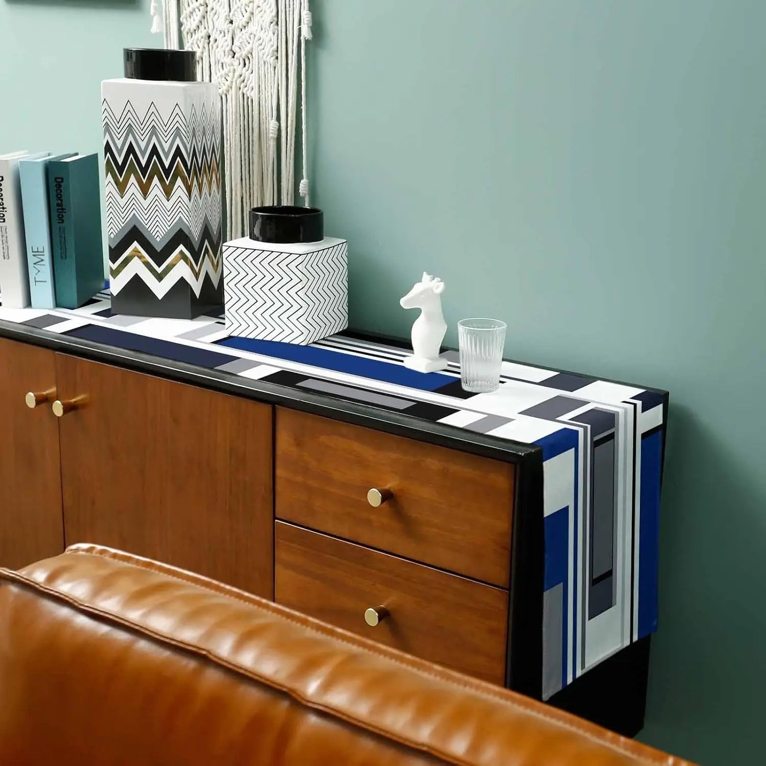 Chemin de Table en Lin | Motifs Géométriques Abstraits Noir, Blanc, Gris et Bleu - Prati - Kitchen