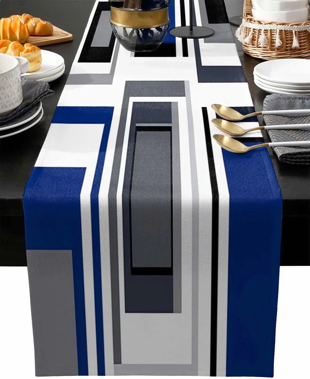Chemin de Table en Lin | Motifs Géométriques Abstraits Noir, Blanc, Gris et Bleu - Prati - Kitchen