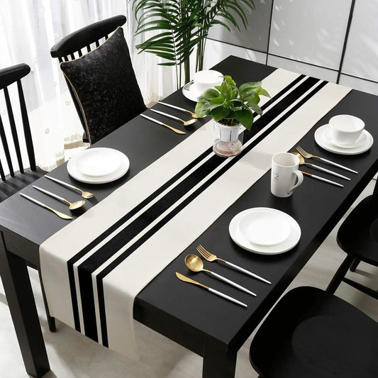 Chemin de Table en Lin Rayures Noires | Décoration Style Ferme pour Cuisine et Salle à Manger - Prati - Kitchen