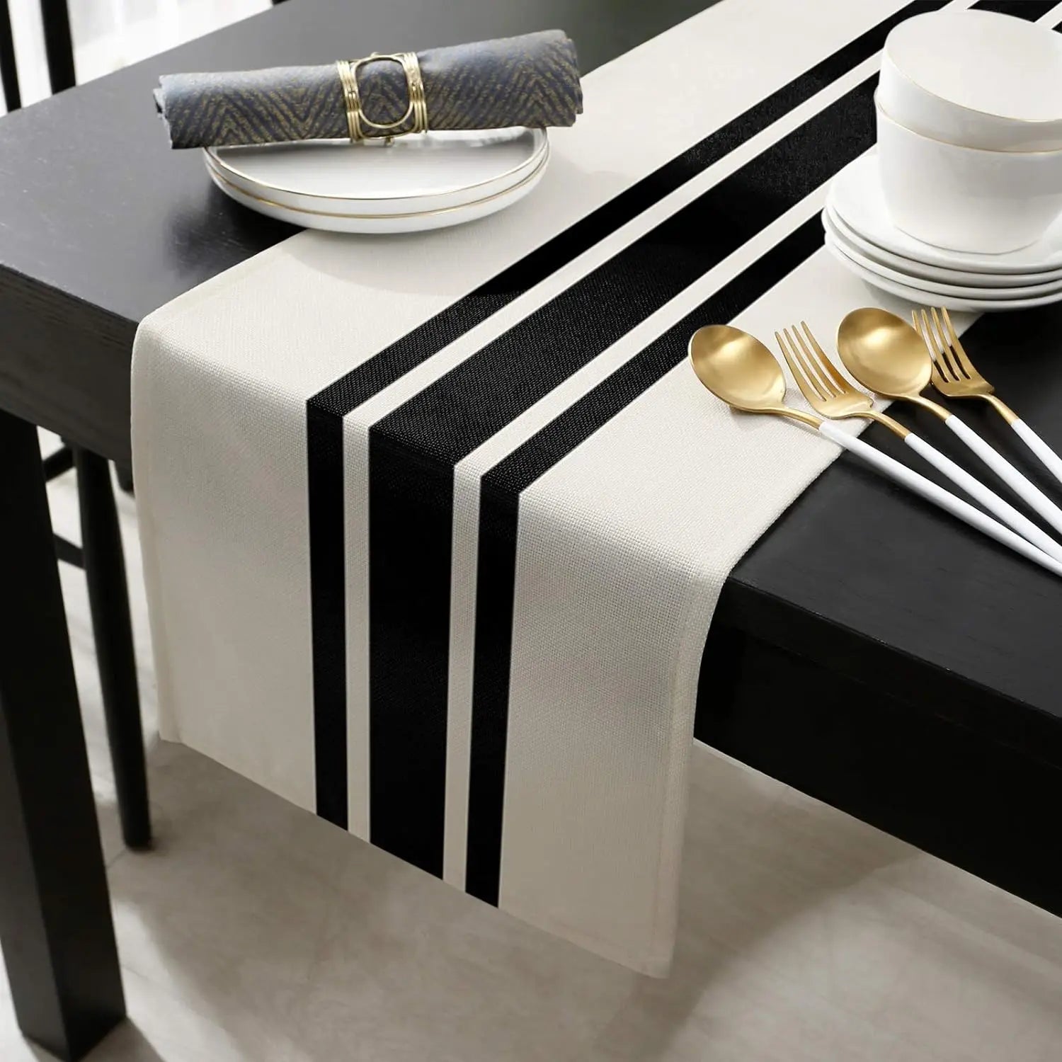 Chemin de Table en Lin Rayures Noires | Décoration Style Ferme pour Cuisine et Salle à Manger - Prati - Kitchen