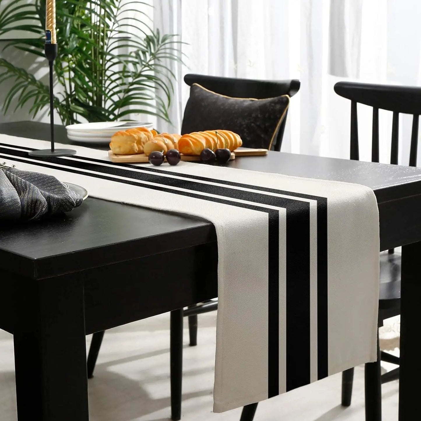 Chemin de Table en Lin Rayures Noires | Décoration Style Ferme pour Cuisine et Salle à Manger - Prati - Kitchen