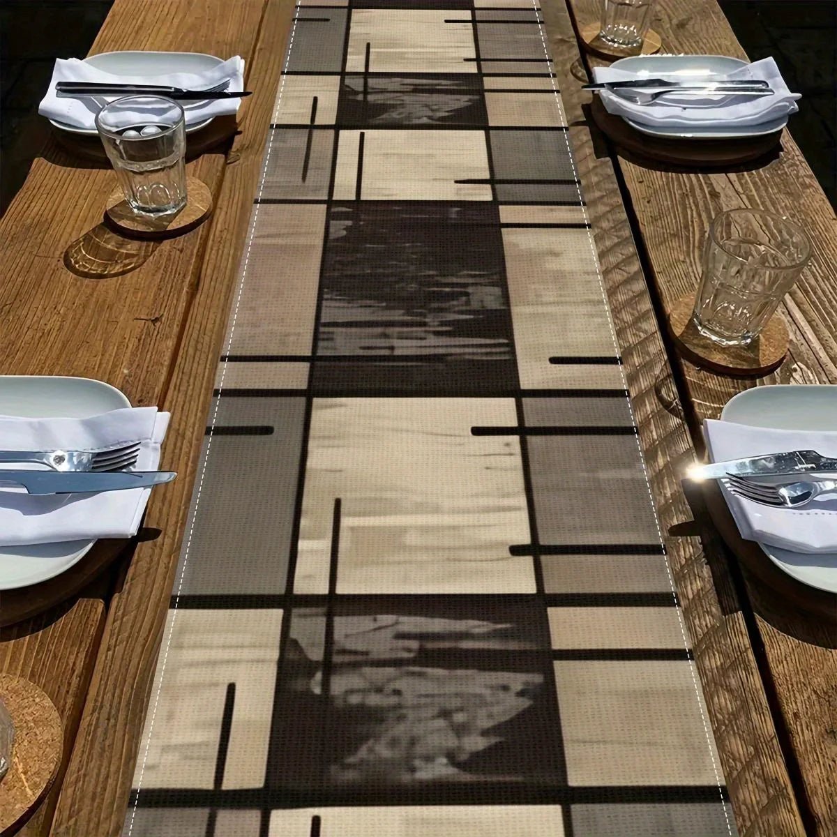 Chemin de Table Géométrique Moderne en Lin Marron | Décoration Champêtre Cuisine et Salle à Manger - Prati - Kitchen