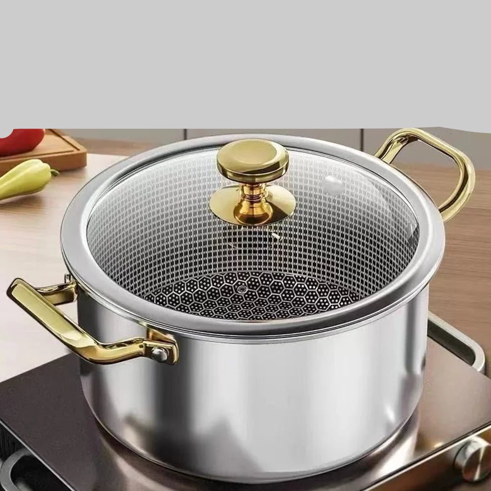 Marmite Inox 18/10 Antiadhésive "Nid d'Abeille" – Tous Feux (Induction/Gaz) – Couvercle Inclus - Prati - Kitchen