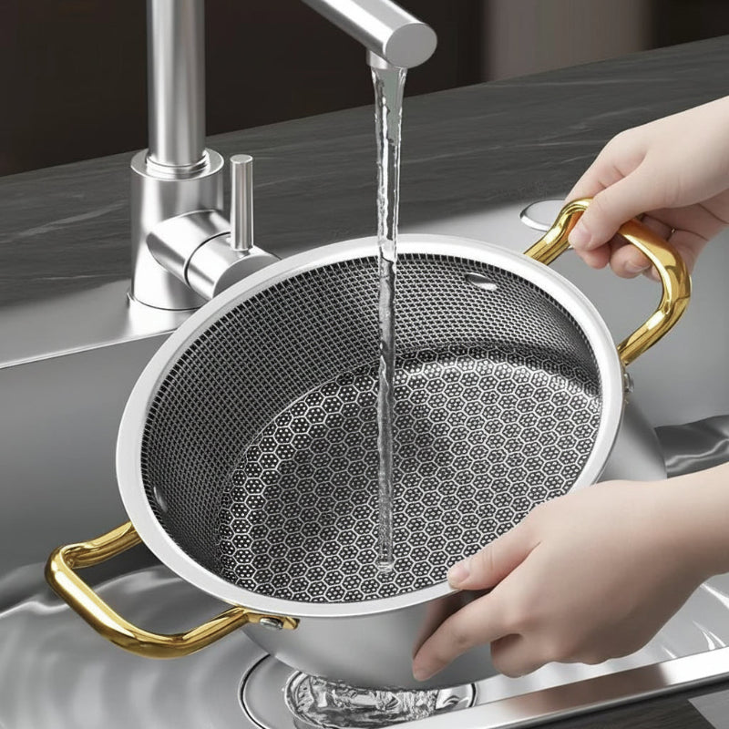 Marmite Inox 18/10 Antiadhésive "Nid d'Abeille" – Tous Feux (Induction/Gaz) – Couvercle Inclus - Prati - Kitchen