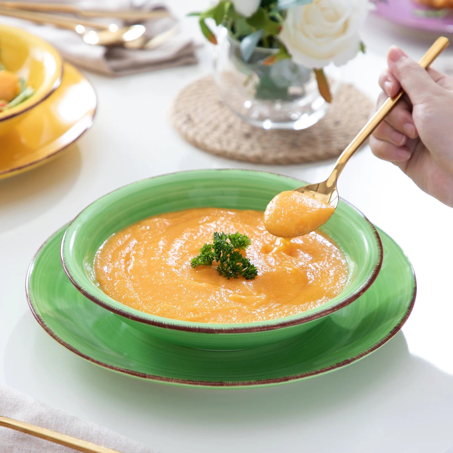 service- de- table- BONITA- VANCASSO- Vaisselle- en- grès- 18- pièces : set- vert- avec- potage- potiron