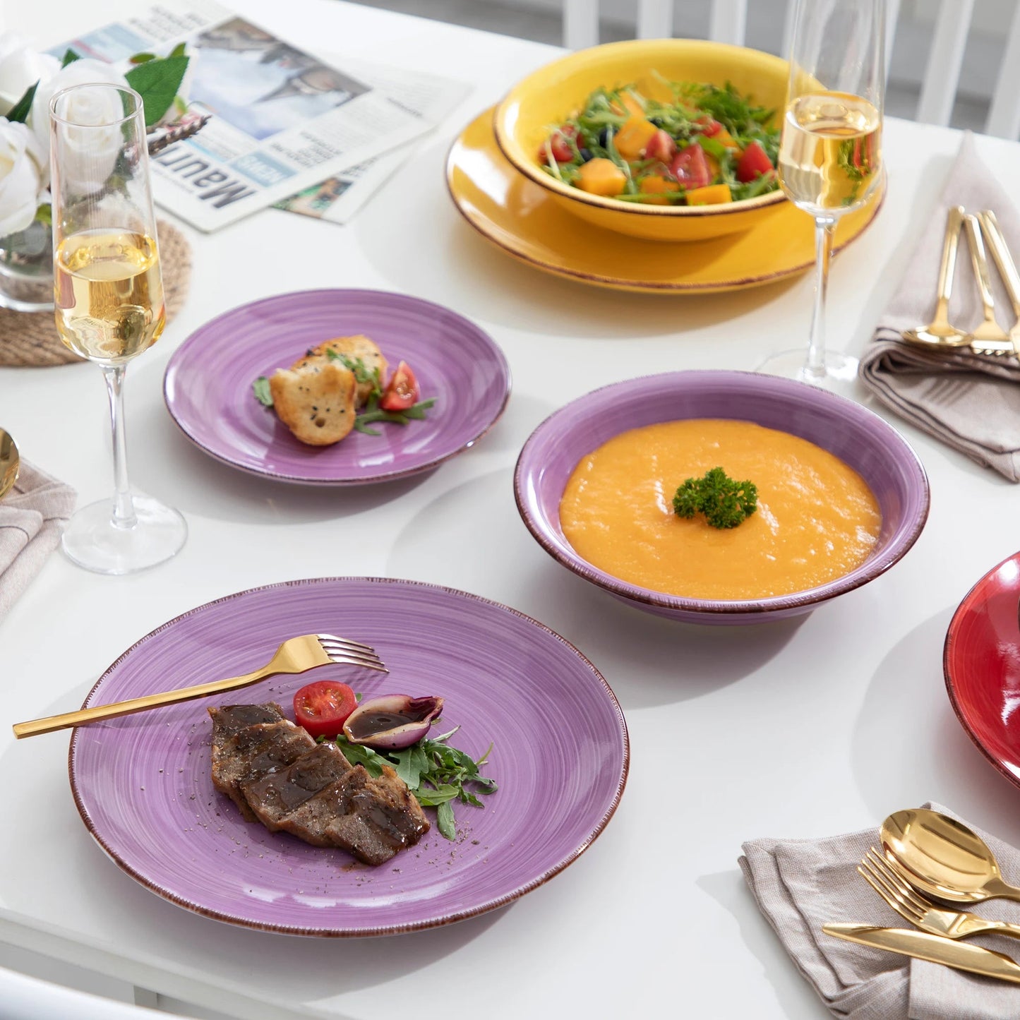 service- de- table- BONITA- VANCASSO- Vaisselle- en- grès- 18- pièces : set- violet- et- jaune- avec- nourriture