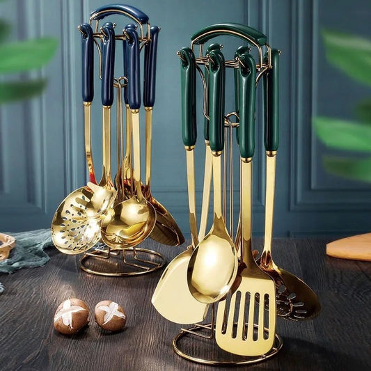 Set 6 ustensiles de cuisine de luxe | inox doré et manches céramique - Prati - Kitchen