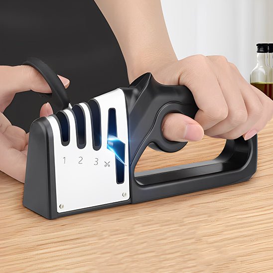 Aiguiseur de Couteaux Manuel 4 étapes en Acier Inoxydable | Poignée Noir : bonne - prise- en- main