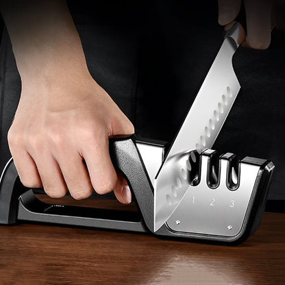 Aiguiseur de Couteaux Manuel 4 étapes en Acier Inoxydable | Poignée Noir : lame- lisse- qui- s'équise