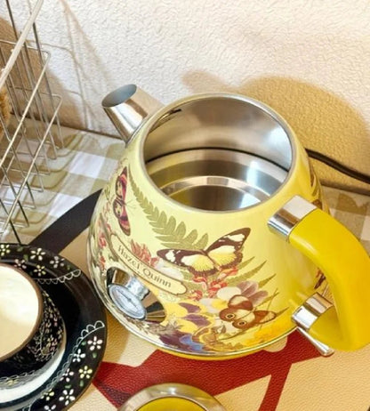 Bouilloire Électrique Vintage | Art Brésilien Unique Peint à la Main | Acier Inoxydable 18/10 (Sans BPA) | 220V, Rétro Design  : ouvert 