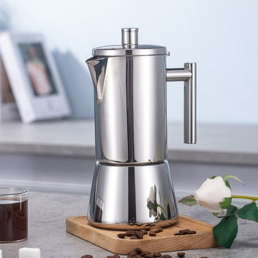 Cafetière - Italienne - à - Pression - pour -Goût - Intense | Expresso, Moka - Pot - 6 - Tasses | Tout - Acier - Inoxydable | Compatible - Plaque - à -Induction - et - Gaz.