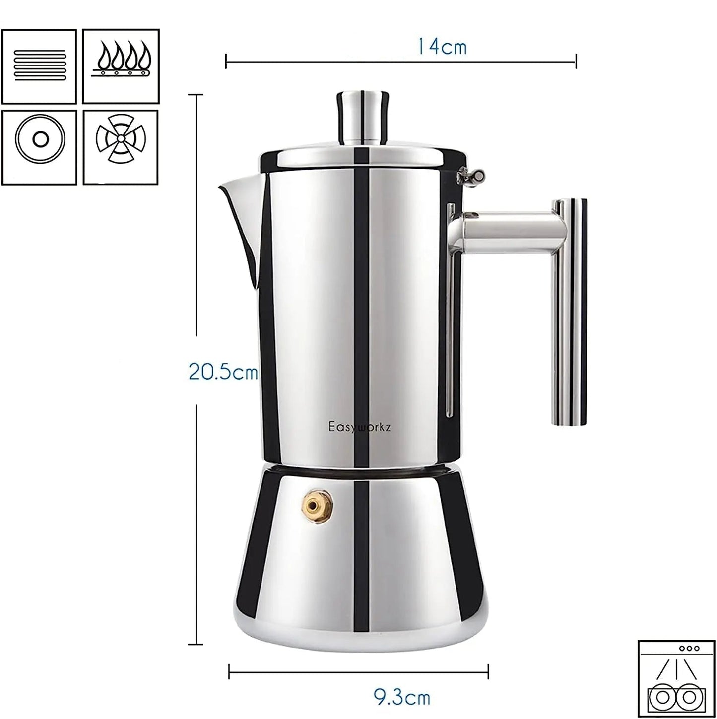 Cafetière - Italienne - à - Pression - pour -Goût - Intense | Expresso, Moka - Pot - 6 - Tasses | Tout - Acier - Inoxydable | Compatible - Plaque - à -Induction - et - Gaz : produit - affichant - ces - dimensions