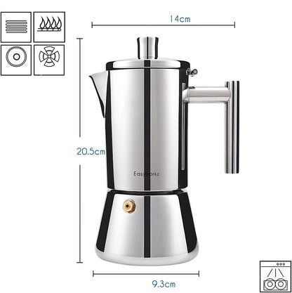 Cafetière - Italienne - à - Pression - pour -Goût - Intense | Expresso, Moka - Pot - 6 - Tasses | Tout - Acier - Inoxydable | Compatible - Plaque - à -Induction - et - Gaz : produit - affichant - ces - dimensions