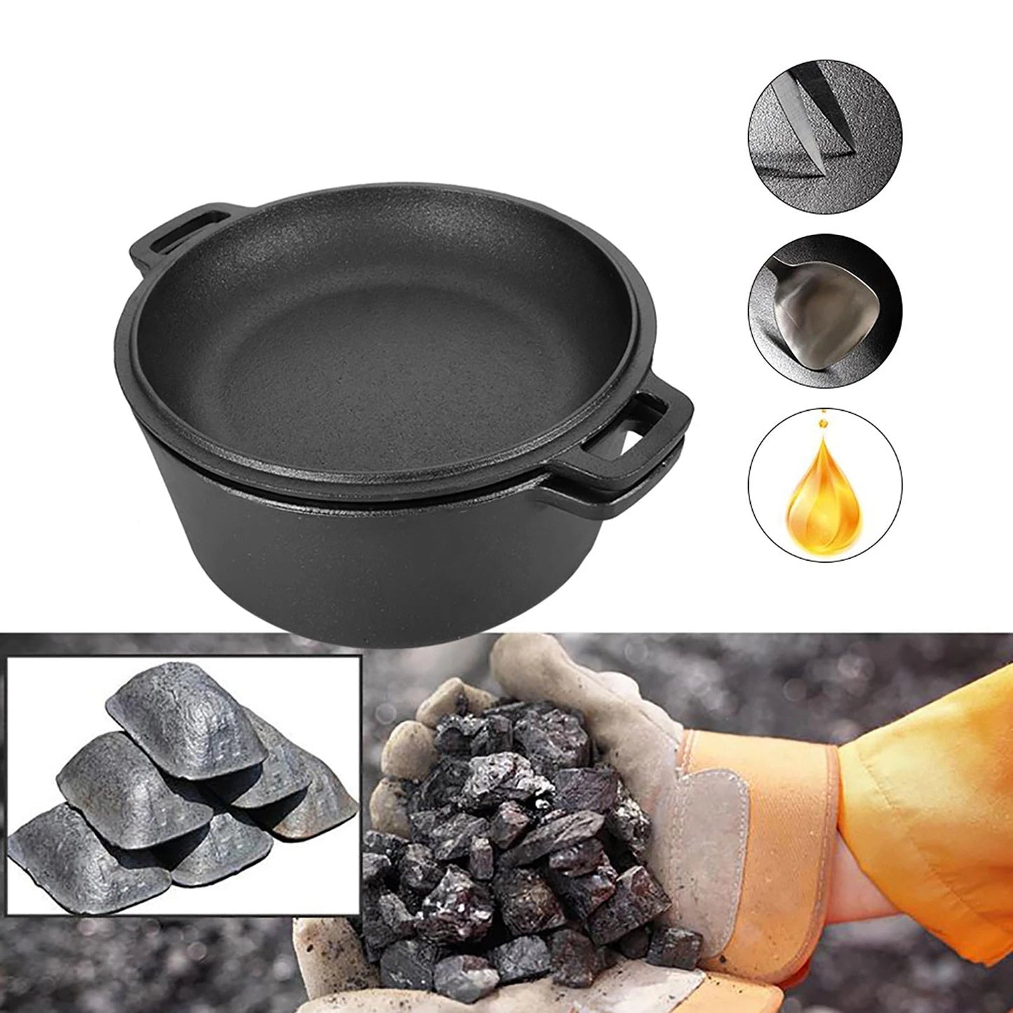 Cocotte - Four Hollandais 2 - en - 1 - en Fonte - 30 cm (7,5L) - Couvercle Poêle - Pain, BBQ et Mijoté : la fonte - pure- en- main