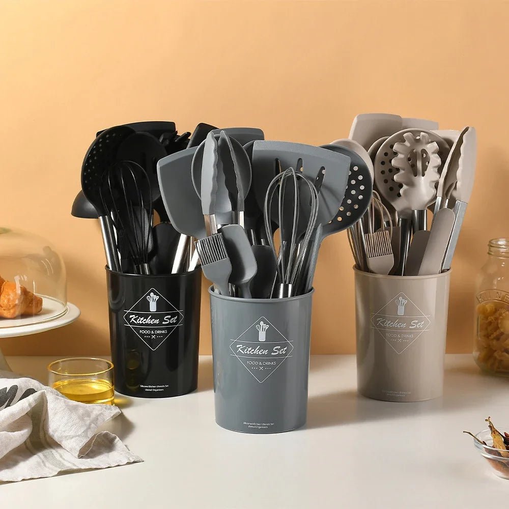 Ensemble - 15 - Ustensiles - Silicone -Antiadhésif - Manche - Inox - avec -Rangement 
