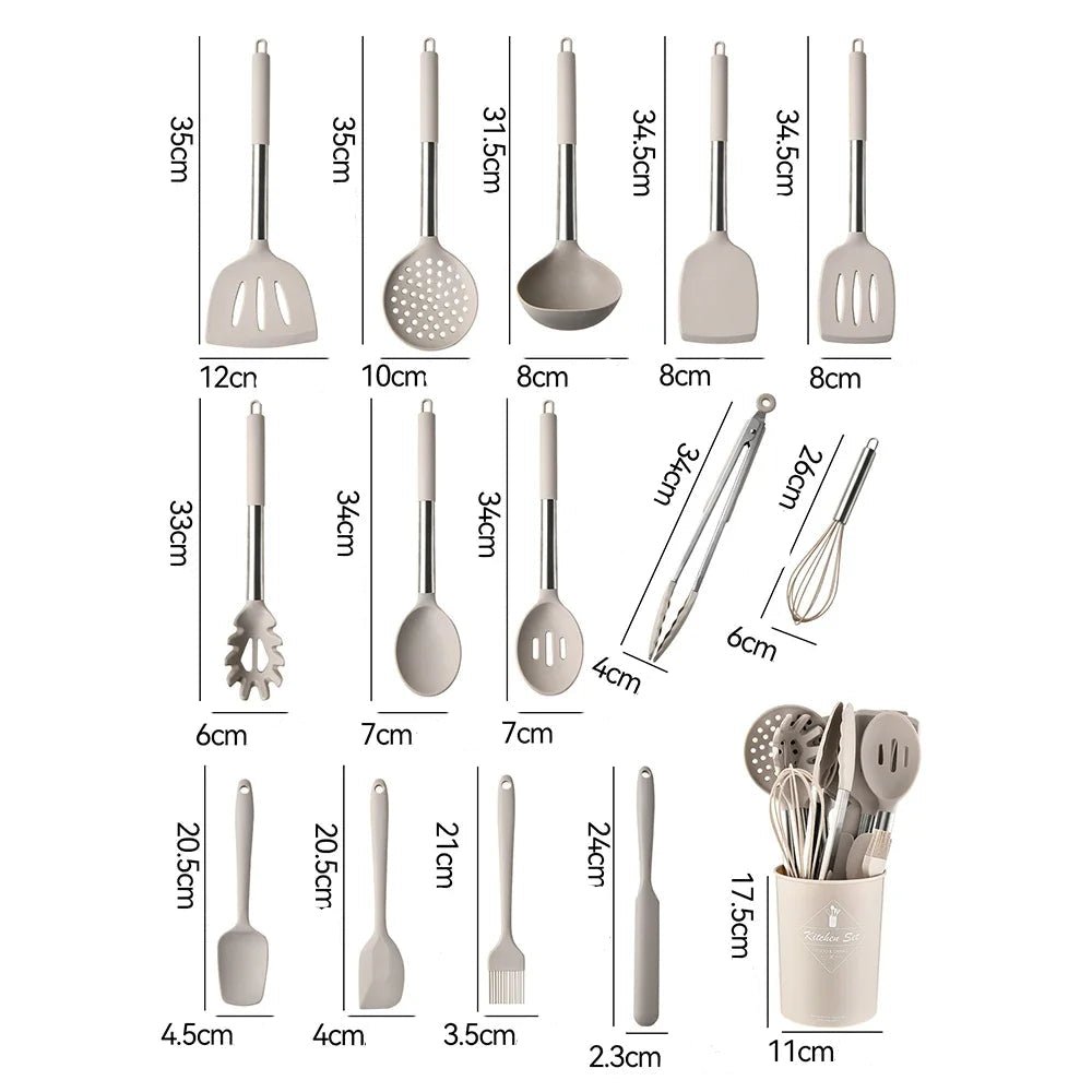 Ensemble - 15 - Ustensiles - Silicone -Antiadhésif - Manche - Inox - avec -Rangement : dimensions - des - ustensiles