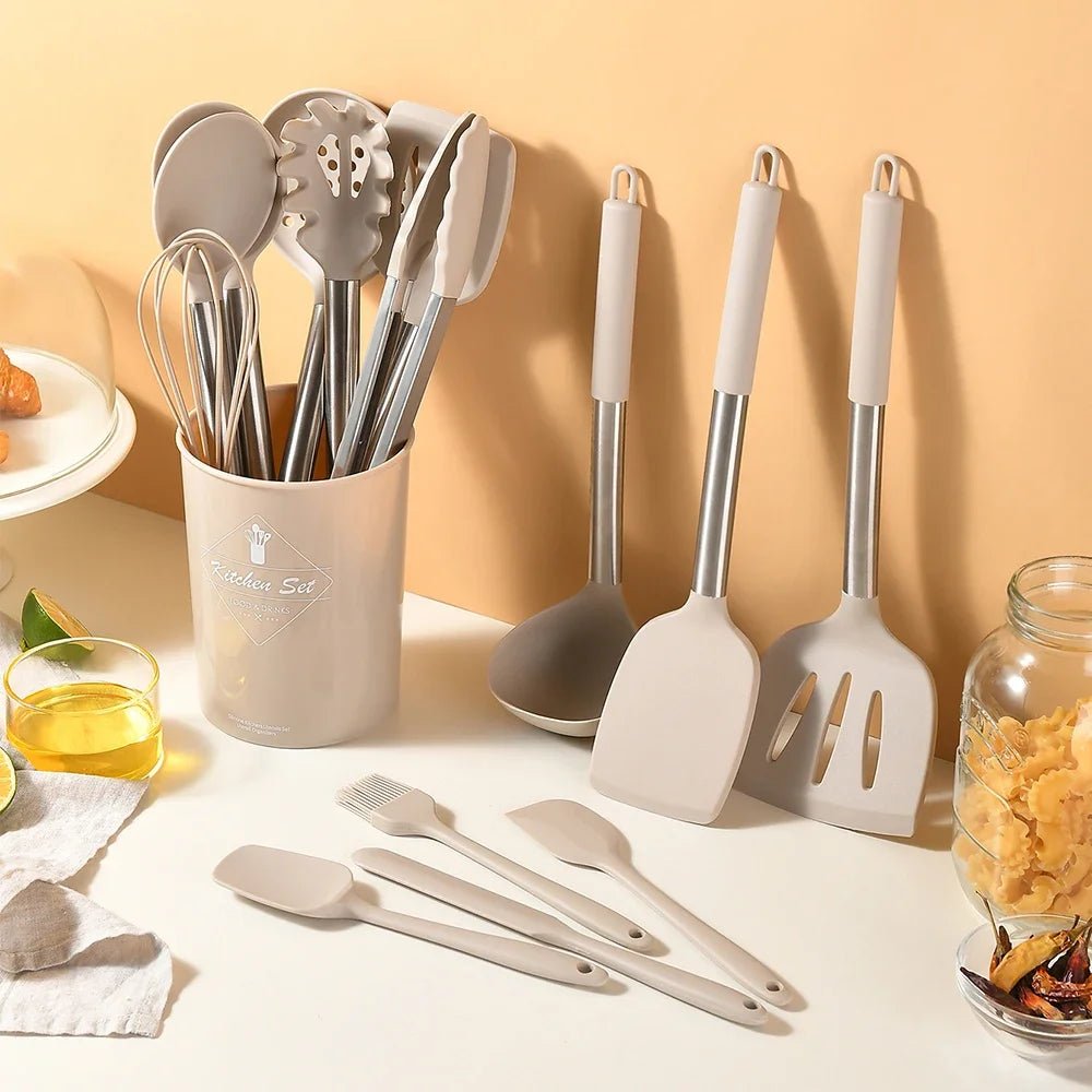 Ensemble - 15 - Ustensiles - Silicone -Antiadhésif - Manche - Inox - avec -Rangement : exposer