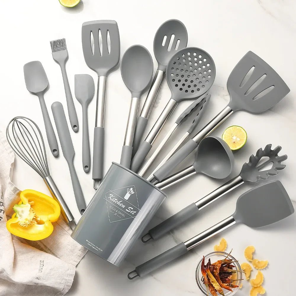 Ensemble - 15 - Ustensiles - Silicone -Antiadhésif - Manche - Inox - avec -Rangement : exposer - sur - table