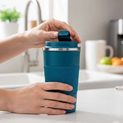 Mug - isotherme - en  acier - inoxydable - étanche - Thermo - Pro - dans - une - main - qui - l'- ouvre
