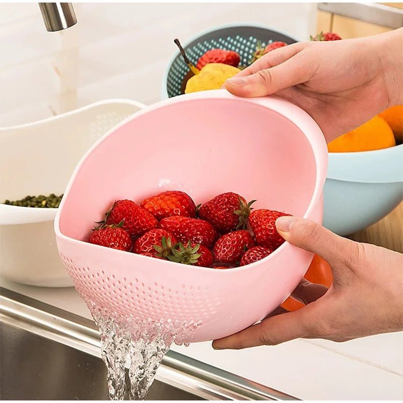 Passoire multifonctions avec bol de lavage : rose avec fraises