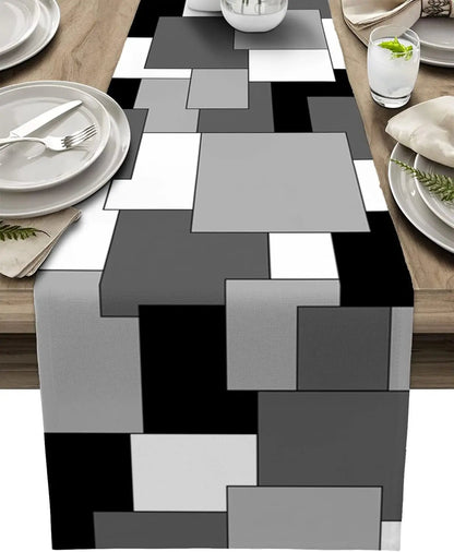 Chemin de Table en Lin | Motifs Géométriques Abstraits Gris, Noir et Blanc pour Fête et Cuisine - Prati - Kitchen