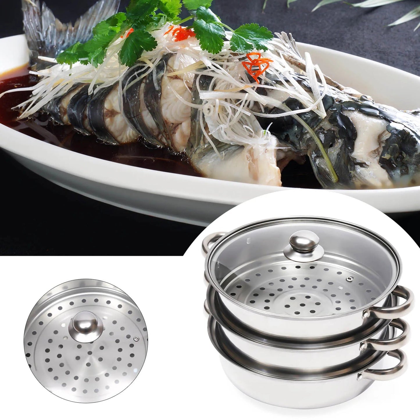 cuiseur- vapeur- 3 couches : à- côté- assiette- avec- poisson