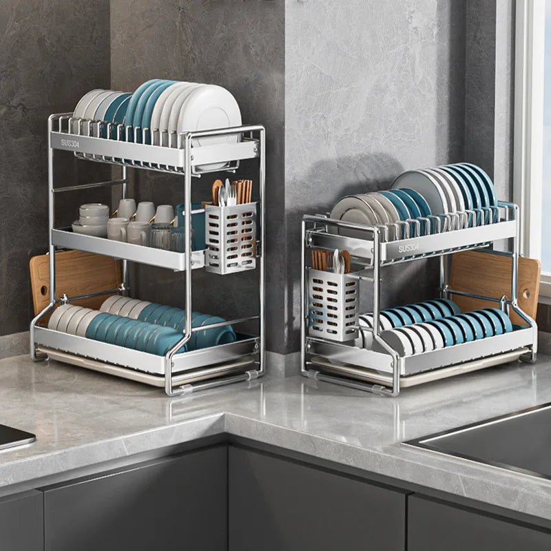 Égouttoir à Vaisselle Design en Acier Inoxydable | Organisateur de Cuisine avec Bac Récupérateur | Gain de Place | Robuste et Anti - Rouille - Prati - Kitchen