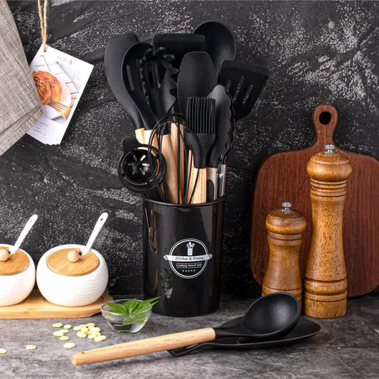 Ensemble 11 Ustensiles Silicone Premium Antiadhésif Et Bois Naturel avec Support De Rangement - Prati - Kitchen