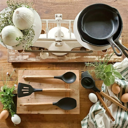 Ensemble 11 ustensiles silicone premium et bois naturel avec support - Prati - Kitchen