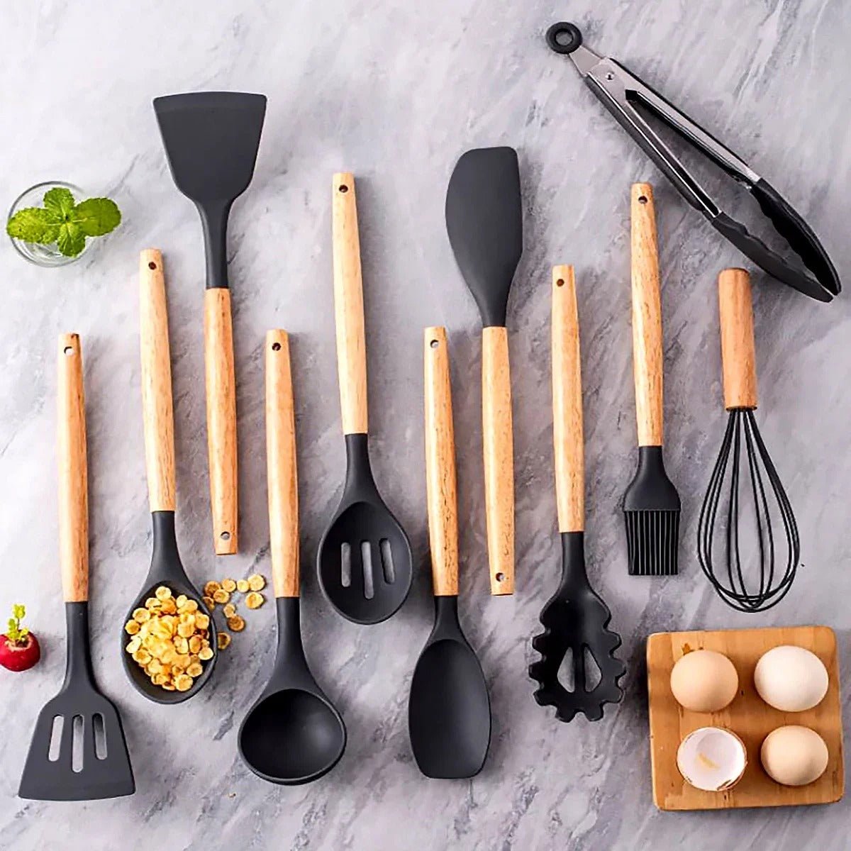 Ensemble 11 ustensiles silicone premium et bois naturel avec support - Prati - Kitchen