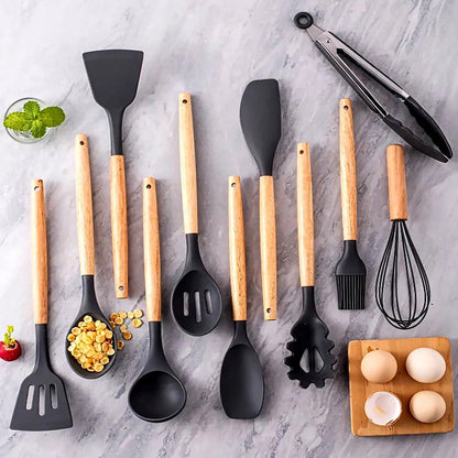 Ensemble 11 ustensiles silicone premium et bois naturel avec support - Prati - Kitchen