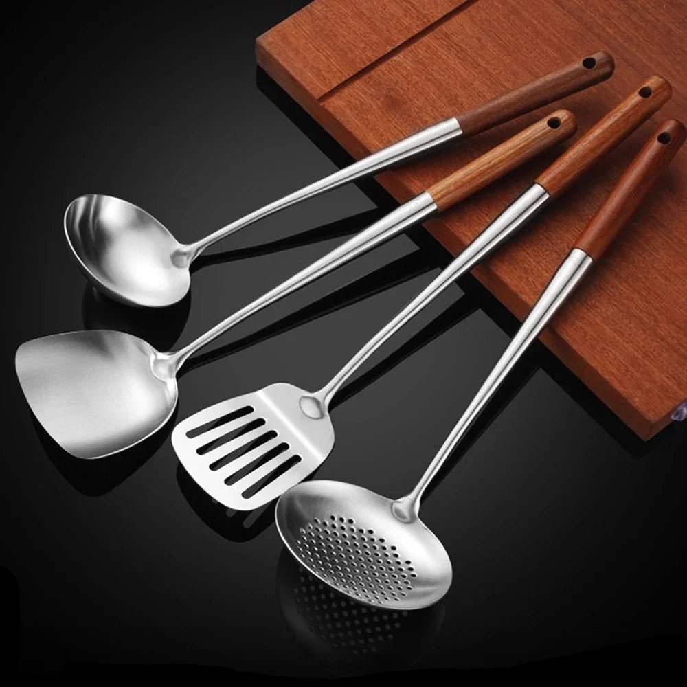 Ensemble 4 Ustensiles Wok Acier Inoxydable Manche Long (Spatule et Louche Pro) - Prati - Kitchen