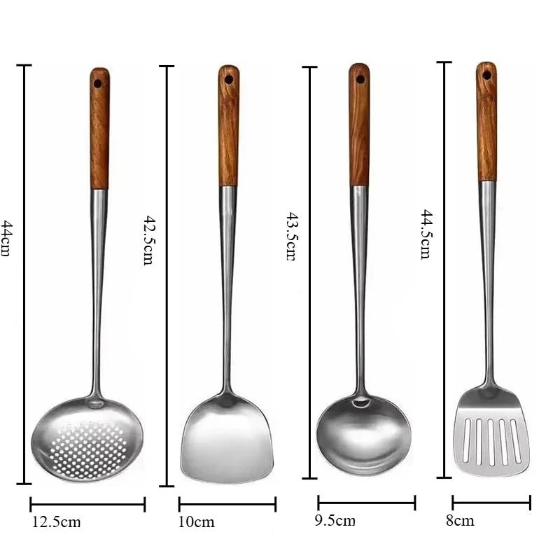 Ensemble 4 Ustensiles Wok Acier Inoxydable Manche Long (Spatule et Louche Pro) - Prati - Kitchen