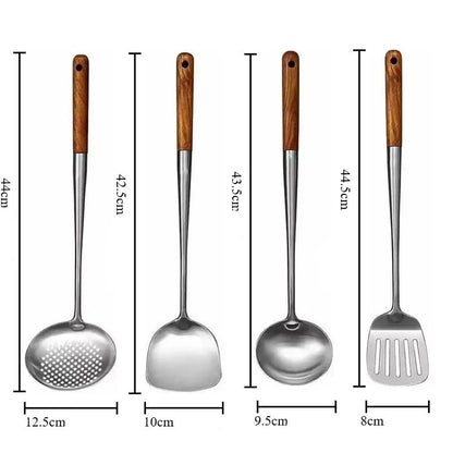 Ensemble 4 Ustensiles Wok Acier Inoxydable Manche Long (Spatule et Louche Pro) - Prati - Kitchen