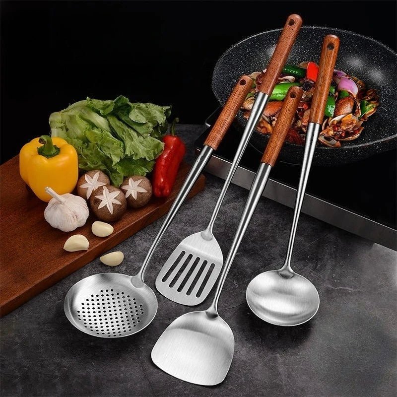 Ensemble 4 Ustensiles Wok Acier Inoxydable Manche Long (Spatule et Louche Pro) - Prati - Kitchen