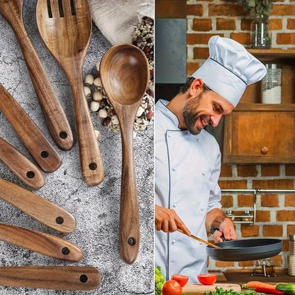 Ensemble 8 Ustensiles de Cuisine en Bois de Teck | Spatule, Louche - Prati - Kitchen