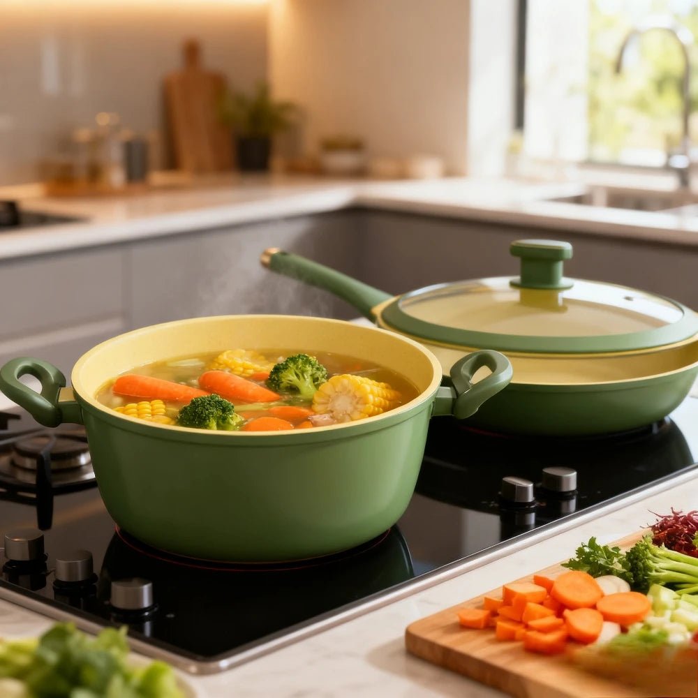 Ensemble Batterie de Cuisine Antiadhésive Vert Avocat | Induction | Tout Feux | Léger (3 Pièces) - Prati - Kitchen
