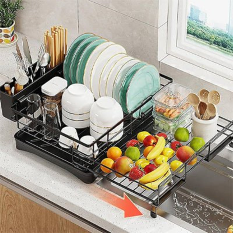 Égouttoir - vaisselle - extensible -métal - noir - avec - fruits - et - couverts