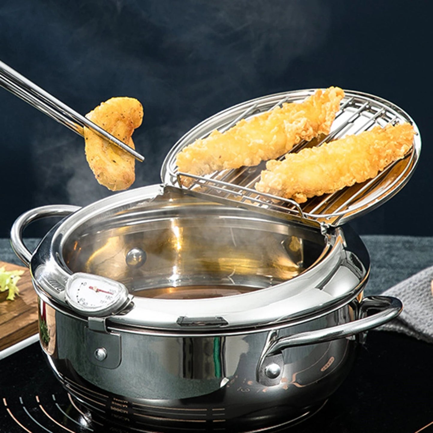 Marmite à Friture Inox avec Thermomètre et Couvercle Anti - Éclaboussure | Induction - Prati - Kitchen