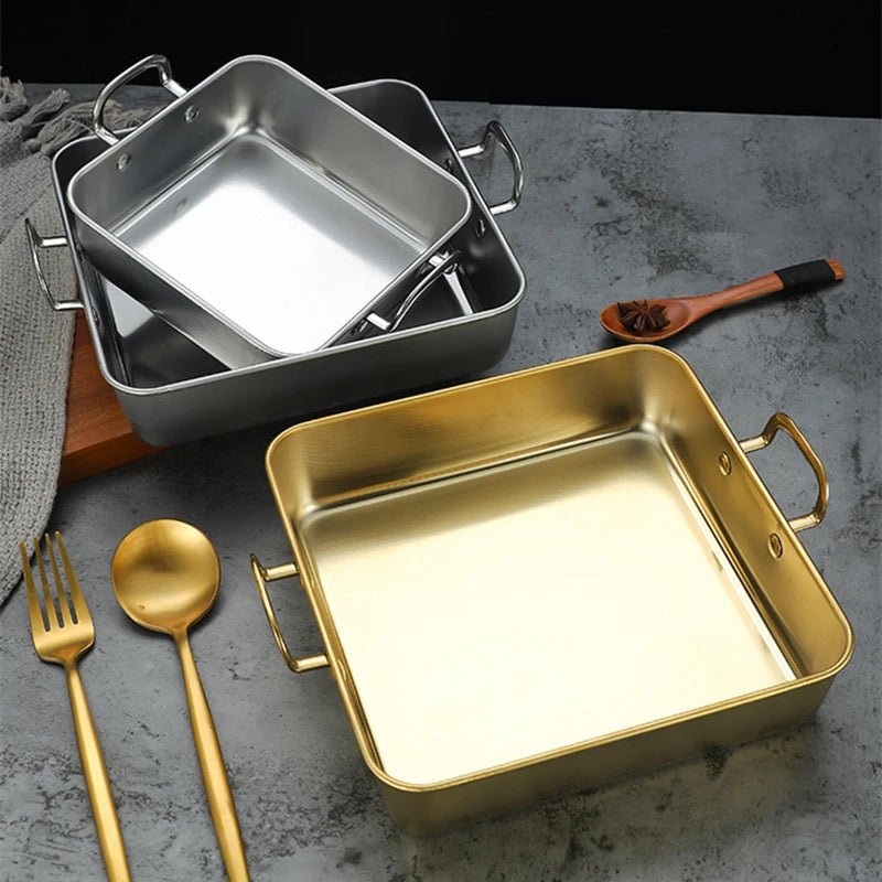 plat à four inox or , argent avec fourchette et cuillère en or
