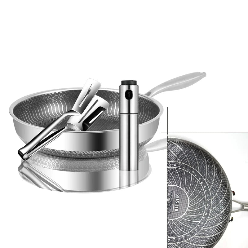 poêle- inox- antiadhésive - Diamètres 28cm- et- 30cm : avec- pince- et- spray- huile