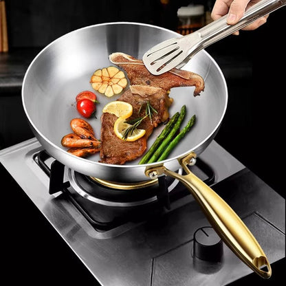 poêles- en- inox- 316- cuisson- saine- poignée- dorée- compatible- induction : avec- viande- et- légumes
